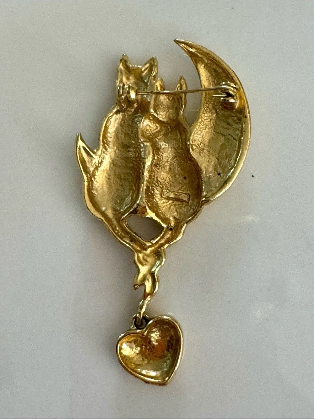 Vintage Cattails Romantic Moon Brooch with Heart Charm